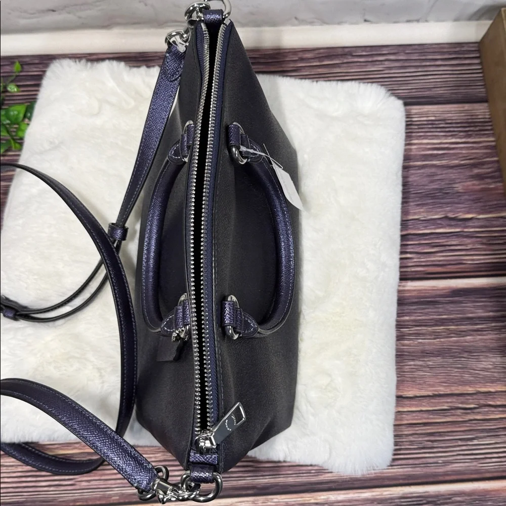 NWT COACH Navy Dark Blue‎ logo print Sadie Satchel, Wristlet, Dust bag BUNDLE.